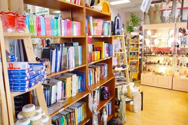 A merchandise display at a "new age" bookstore.